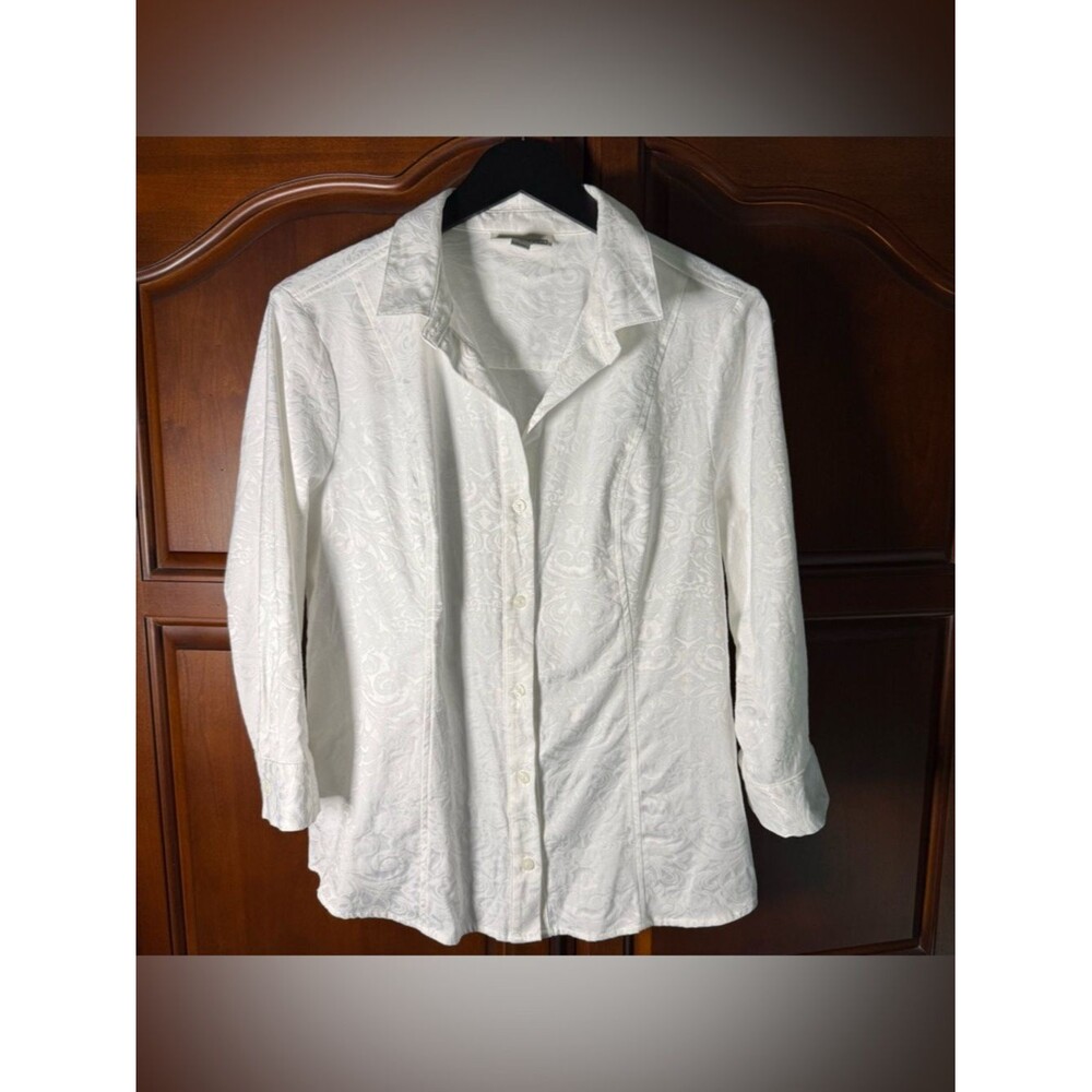 Dana Buchman White Tonal Button Down Blouse Large Floral Textured Jacquard